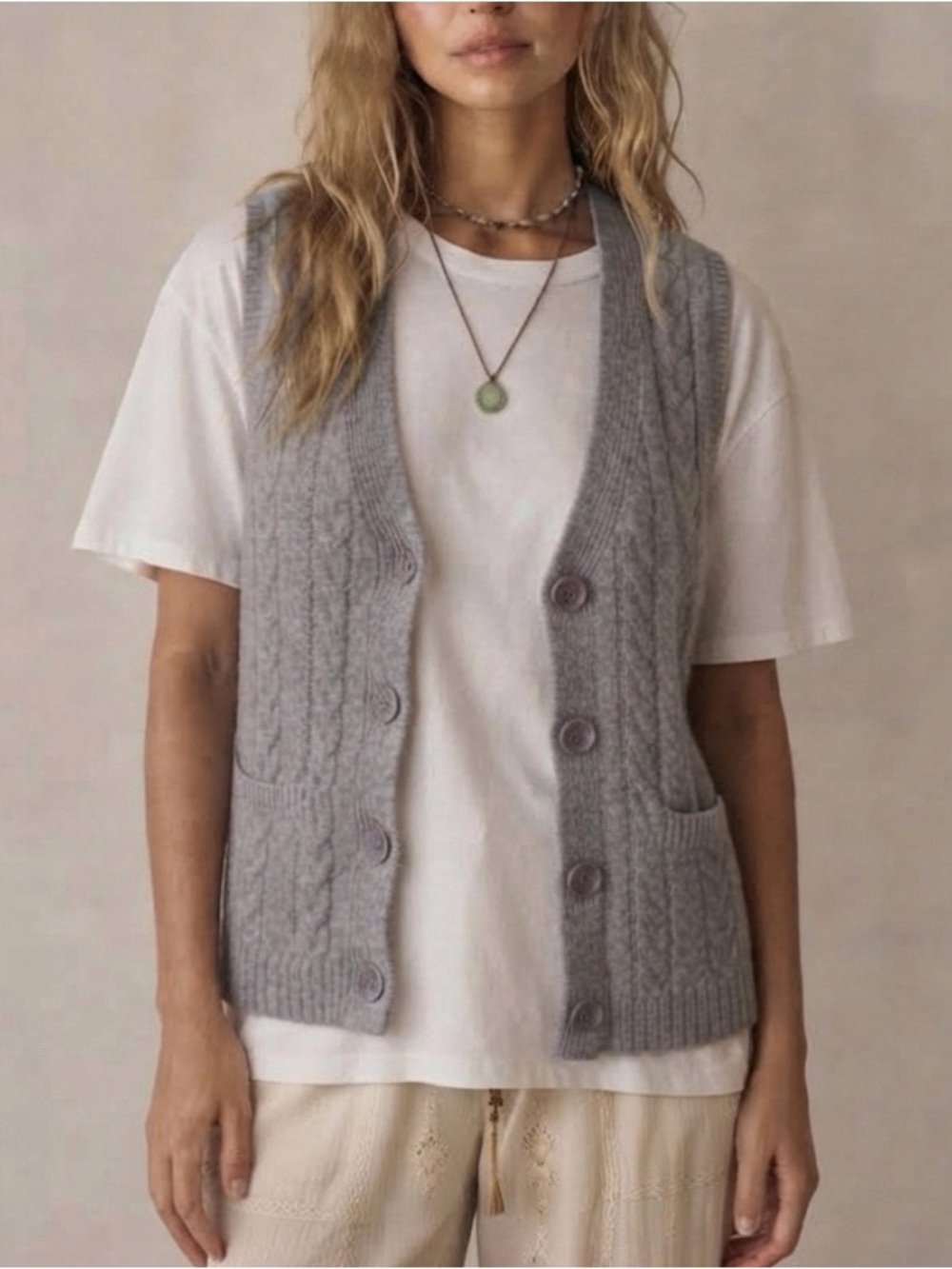 Rachel Zoe Cable Knit V-Neck Button Sweater Vest Grey XL